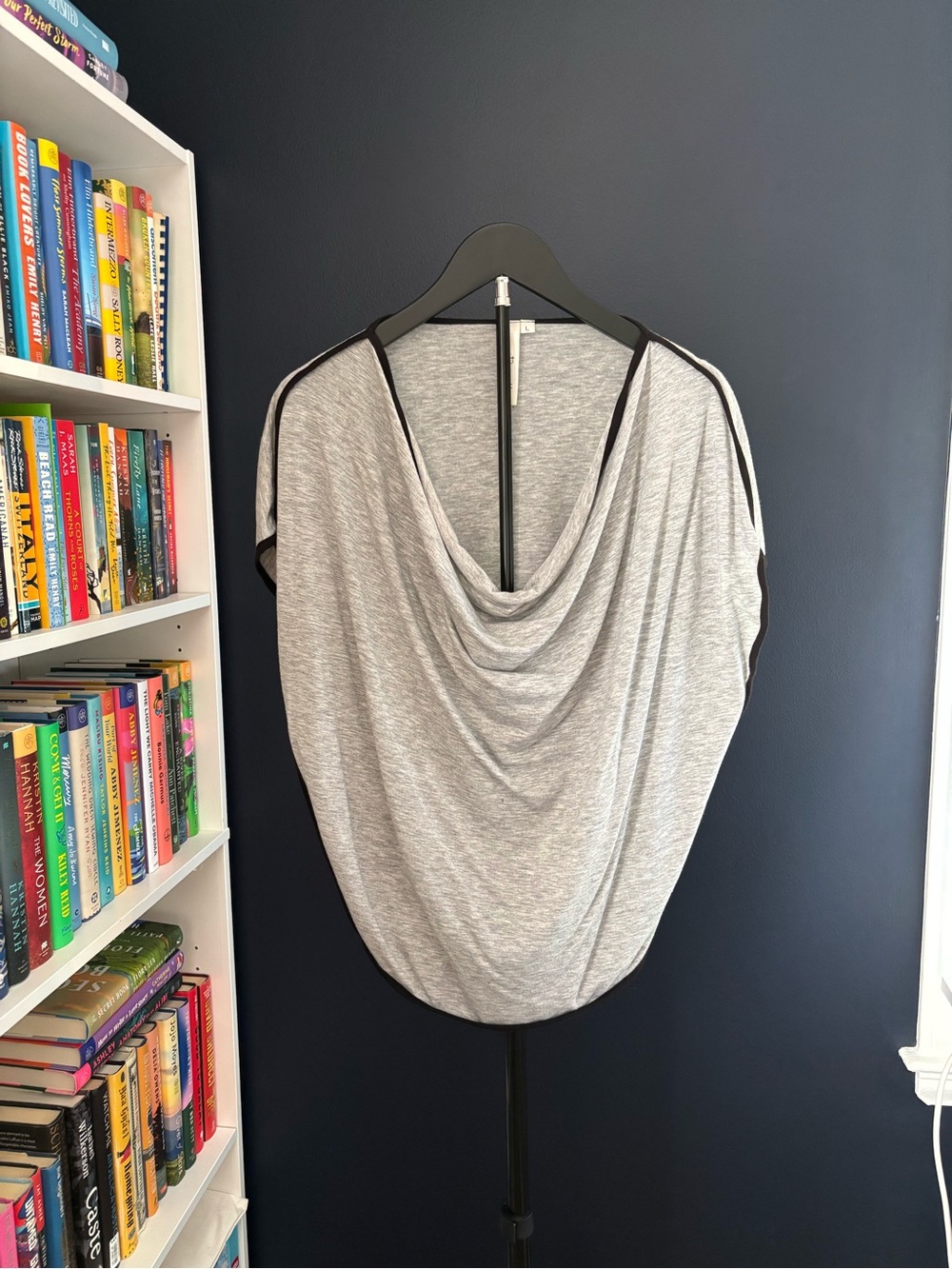 Light Gray Draped Cowl-Neck Tunic with Contrast Trim